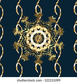 Seamless vintage pattern on dark blue background with golden elements.