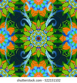 Seamless vintage pattern on dark blue background with colorful floral elements.
