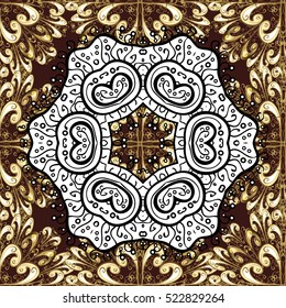 Seamless vintage pattern on dark red background with golden elements. White mandala.
