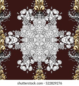 Seamless vintage pattern on dark red background with golden elements. White mandala.
