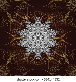 Seamless vintage pattern on dark red background with golden elements. White mandala.