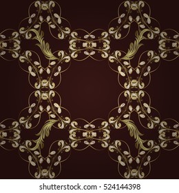 Seamless vintage pattern on dark red background with golden elements.