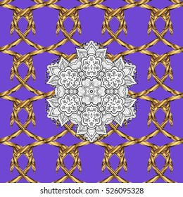 Seamless vintage pattern on dark lilac background with golden and white elements.