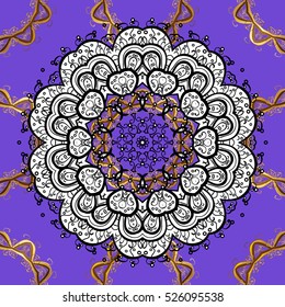 Seamless vintage pattern on dark lilac background with golden and white elements.