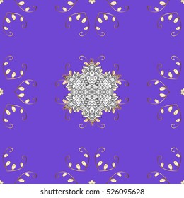 Seamless vintage pattern on dark lilac background with golden and white elements.