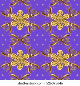 Seamless vintage pattern on dark lilac and violet background with golden elements.