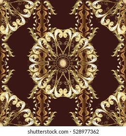 Seamless vintage pattern on dark brown background with golden elements.