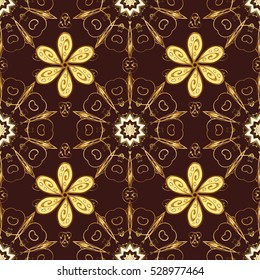 Seamless vintage pattern on dark brown background with golden elements.