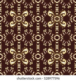 Seamless vintage pattern on dark brown background with golden elements.