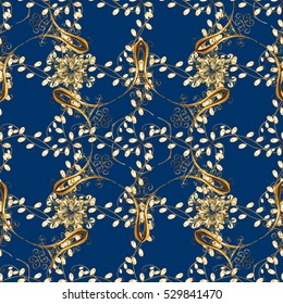 Seamless vintage pattern on dark blue background with golden elements. Vector.