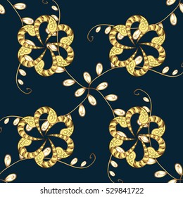 Seamless vintage pattern on dark blue background with golden elements.