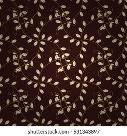 Seamless vintage pattern on dark red background with golden elements.