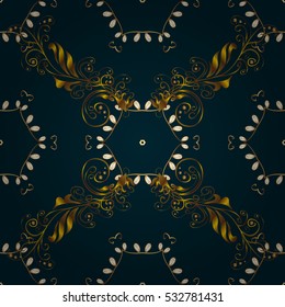 Seamless vintage pattern on dark blue background with golden elements.