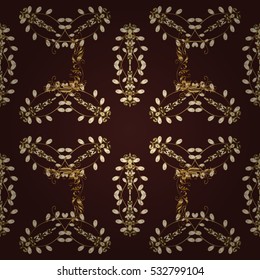 Seamless vintage pattern on dark red background with golden elements. Vector.