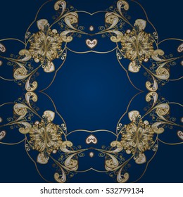 Seamless vintage pattern on dark blue background with golden elements. Vector.