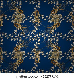 Seamless vintage pattern on dark blue background with golden elements. Vector.