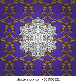Seamless vintage pattern on dark lilac background with golden and white elements.