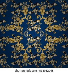 Seamless vintage pattern on dark blue background with golden elements.
