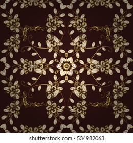 Seamless vintage pattern on dark brown background with golden elements.