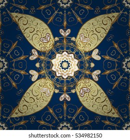 Seamless vintage pattern on dark blue background with golden elements.