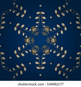 Seamless vintage pattern on dark blue background with golden elements.