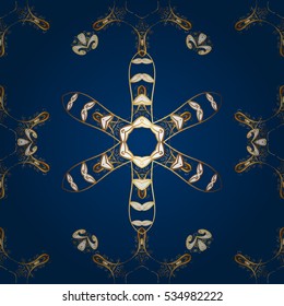 Seamless vintage pattern on dark blue background with golden elements.