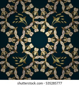 Seamless vintage pattern on dark blue background with golden elements.