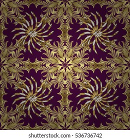 Seamless vintage pattern on dark pink background with golden elements. Radial gradient shape.