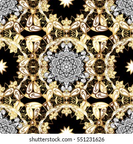 Seamless vintage pattern on dark blue background with golden elements. Christmas, snowflake, new year.