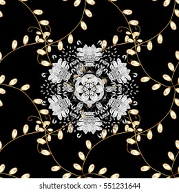 Seamless vintage pattern on dark blue background with golden elements. Christmas, snowflake, new year.