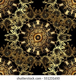 Seamless vintage pattern on dark blue background with golden elements. Christmas, snowflake, new year.