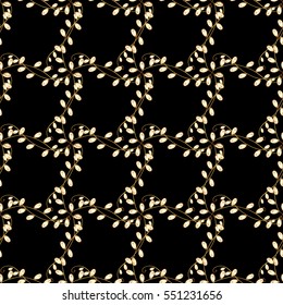 Seamless vintage pattern on dark blue background with golden elements. Christmas, snowflake, new year.