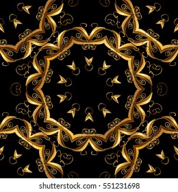 Seamless vintage pattern on dark blue background with golden elements. Christmas, snowflake, new year.