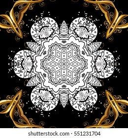 Seamless vintage pattern on dark blue background with golden elements. Christmas, snowflake, new year.