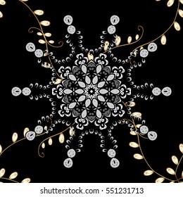 Seamless vintage pattern on dark blue background with golden elements. Christmas, snowflake, new year.