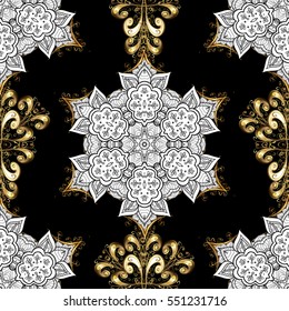 Seamless vintage pattern on dark blue background with golden elements. Christmas, snowflake, new year.