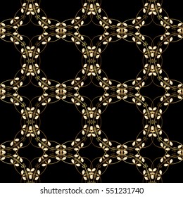 Seamless vintage pattern on dark blue background with golden elements. Christmas, snowflake, new year.