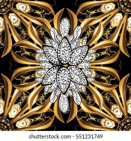 Seamless vintage pattern on dark blue background with golden elements. Christmas, snowflake, new year.