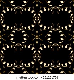 Seamless vintage pattern on dark blue background with golden elements. Christmas, snowflake, new year.