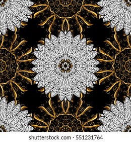 Seamless vintage pattern on dark blue background with golden elements. Christmas, snowflake, new year.