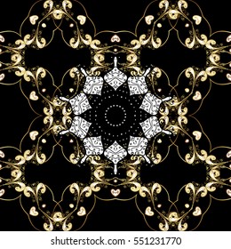 Seamless vintage pattern on dark blue background with golden elements. Christmas, snowflake, new year.