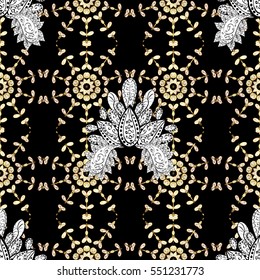 Seamless vintage pattern on dark blue background with golden elements. Christmas, snowflake, new year.