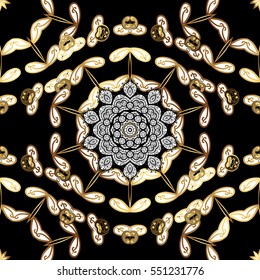 Seamless vintage pattern on dark blue background with golden elements. Christmas, snowflake, new year.