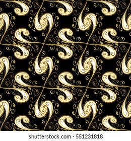 Seamless vintage pattern on dark blue background with golden elements. Christmas, snowflake, new year.