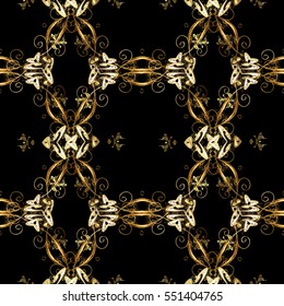 Seamless vintage pattern on dark blue background with golden elements. Christmas, snowflake, new year.