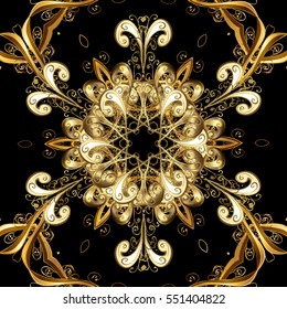 Seamless vintage pattern on dark blue background with golden elements. Christmas, snowflake, new year.