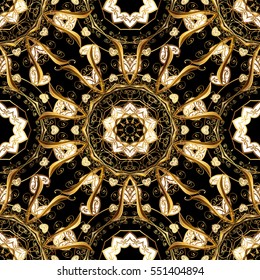 Seamless vintage pattern on dark blue background with golden elements. Christmas, snowflake, new year.
