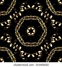 Seamless vintage pattern on dark blue background with golden elements. Christmas, snowflake, new year.