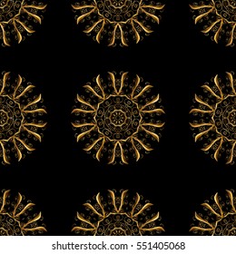 Seamless vintage pattern on dark blue background with golden elements. Christmas, snowflake, new year.
