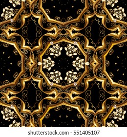 Seamless vintage pattern on dark blue background with golden elements. Christmas, snowflake, new year.